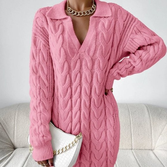 MODA ME COUTURE Dresses & Skirts - Long sleeved Cable Knit Sweater Dress Pink